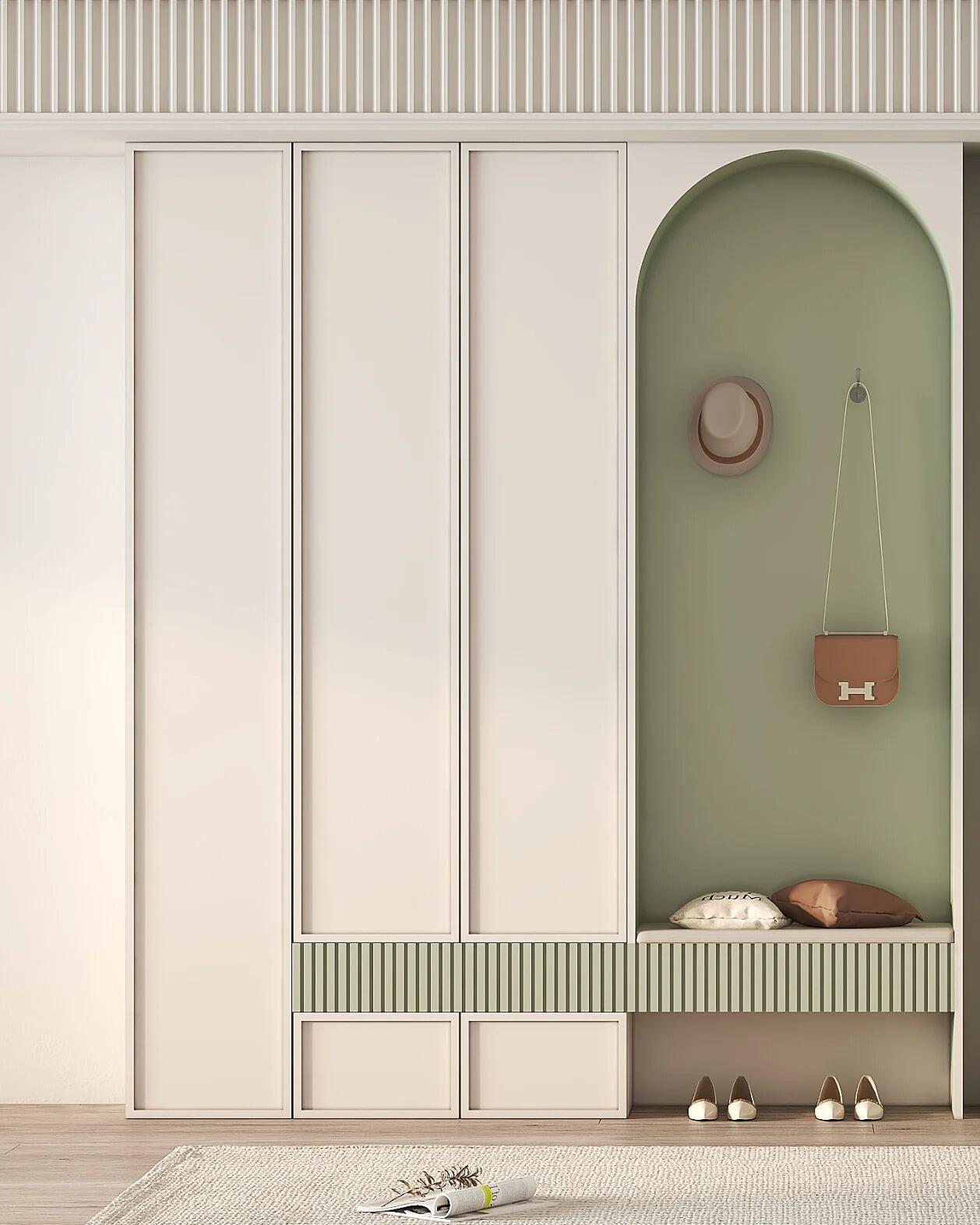 Highly Recommend Cream Style Mudroom Design MDF Wood Wardrobe for Entrance Easy to Maintain Home Furniture with Lights