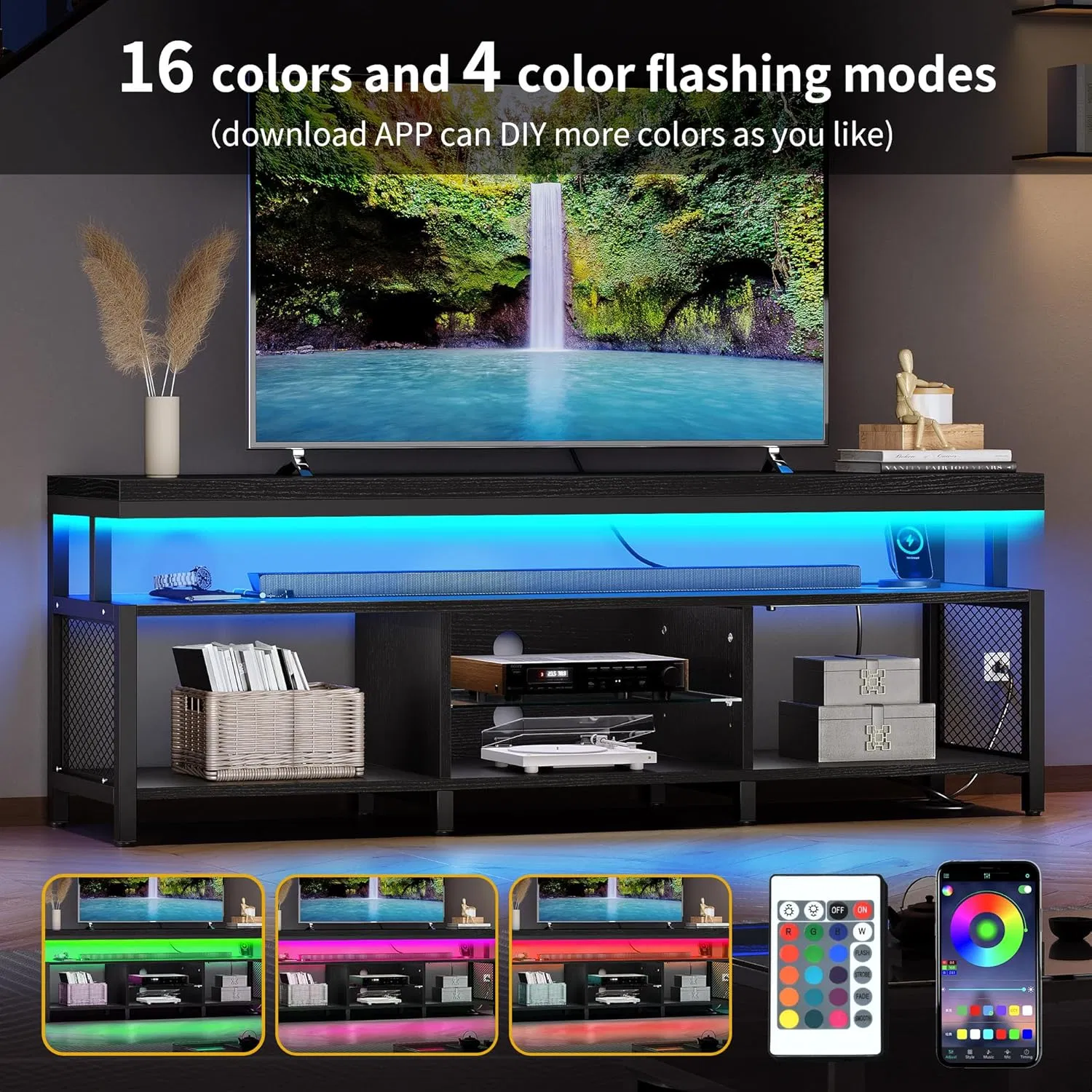 Black Modern Television Stand Industrial Media TV Console Cabinet with Power Outlets