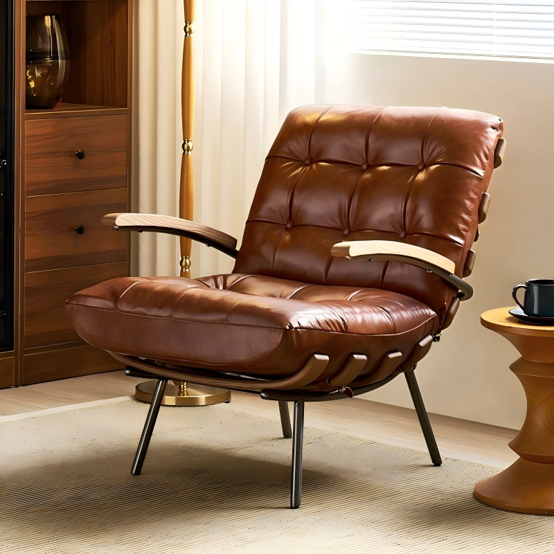 Retro Oil Wax Leather Leisure Chair, 115&deg; Reclining Accent Chair with Removable Cushion for Home Office