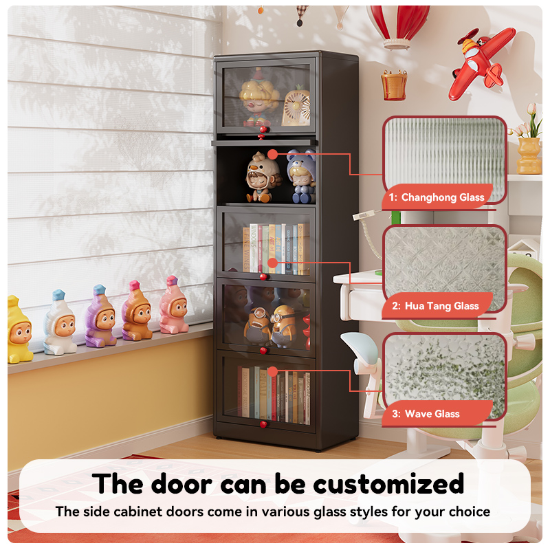 Home Storage Cabinet Steel Bookcase Living Room Multi-layer Iron Bookcase Black Bookshelf With Glass Doors And Drawers