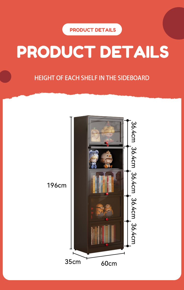 Home Storage Cabinet Steel Bookcase Living Room Multi-layer Iron Bookcase Black Bookshelf with Glass Doors and Drawers