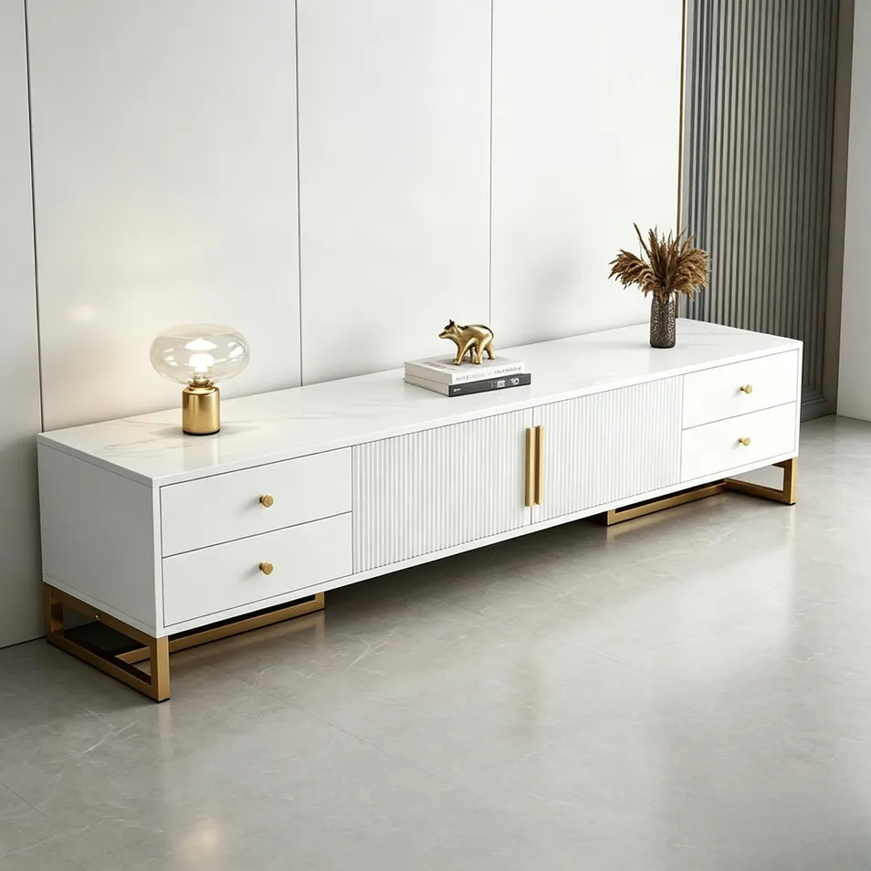 Luxury Media TV Console for Living Room with Gold Handle Storage Cabinet
