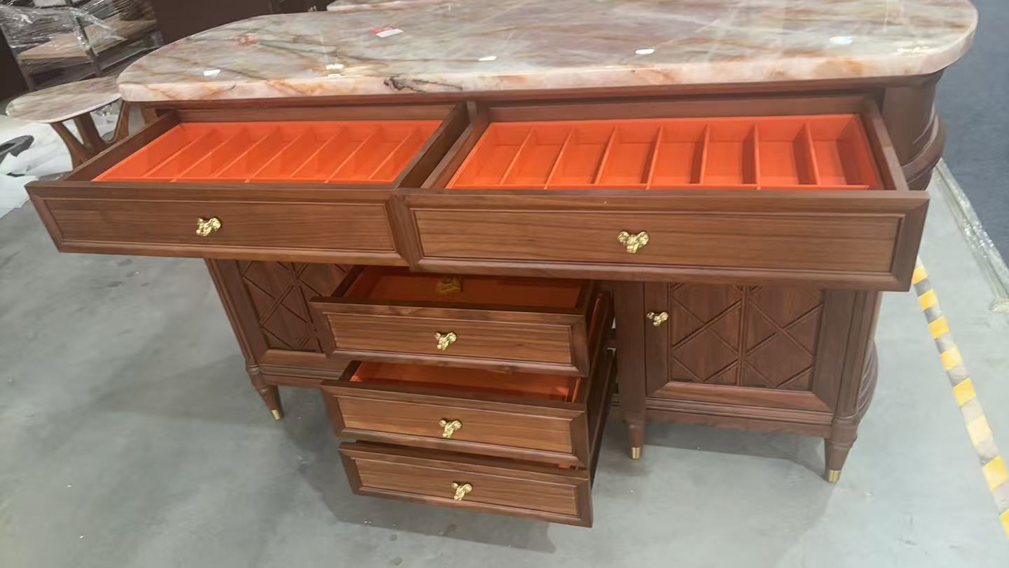 Luxury FAS Walnut Sideboard with Rose Quartz Top - Bespoke Elephant Handle Buffet Cabinet for Prosperity &amp; Luck