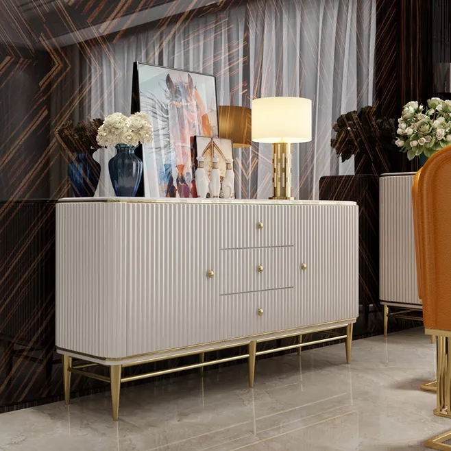 Italian Luxury Sideboard with Marble Top Stainless Steel Buffet Cabinet for Dining Room Home Furniture
