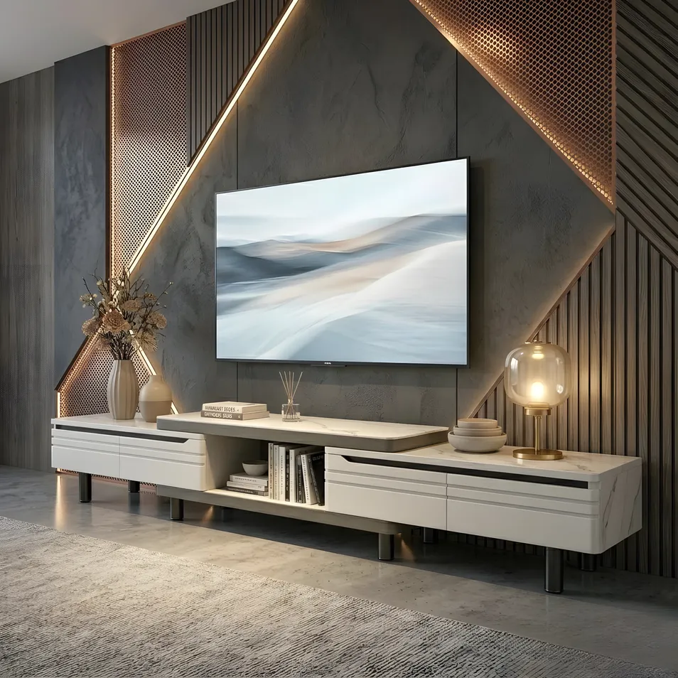 White Media TV Console for Living Room with Open Shelf Display Storage