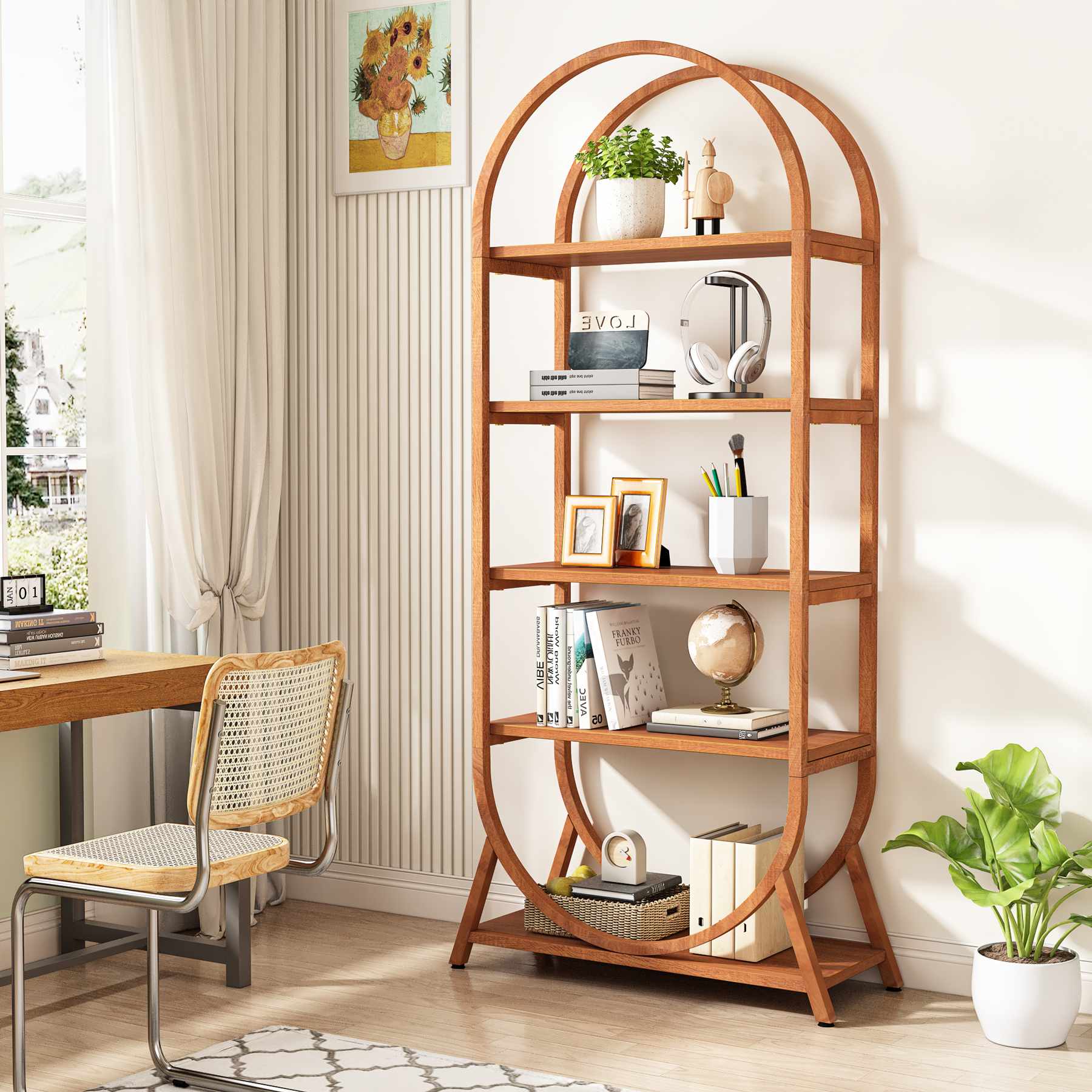 Factory Home Decor 5 Layers Brown Open Storage MDF Arched Contemporary Bookshelf Bookcase Standing Type Living Room Bedroom