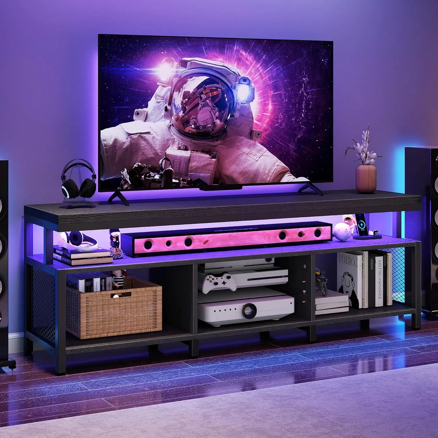 Black Modern Television Stand Industrial Media TV Console Cabinet with Power Outlets