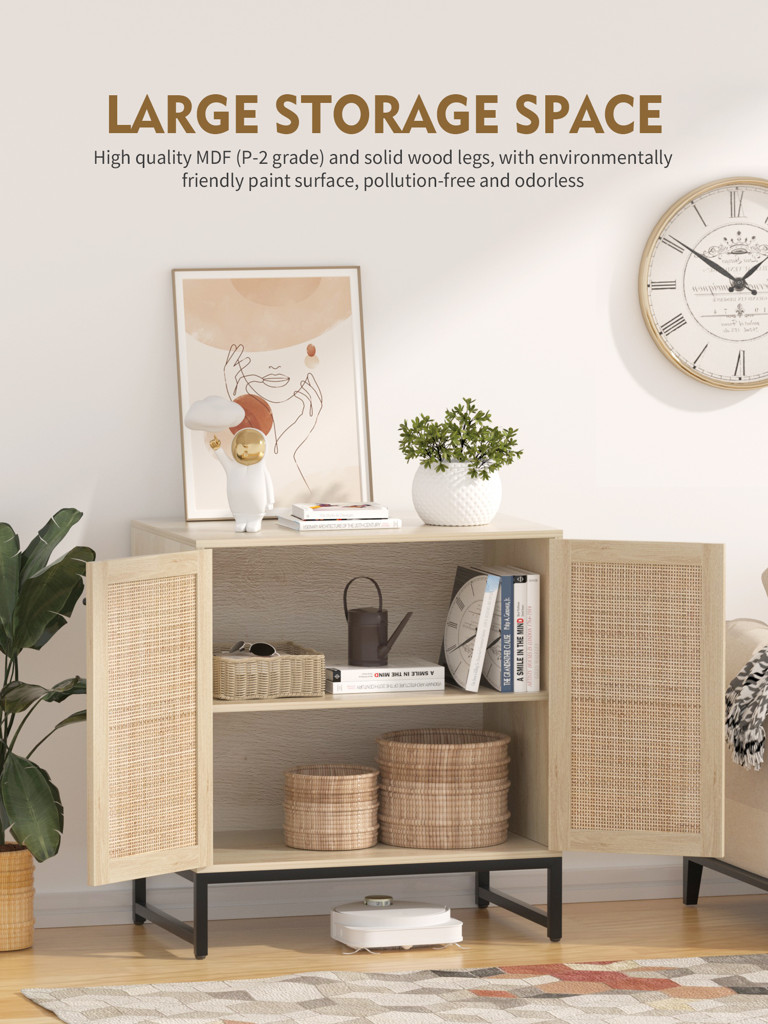 Wooden Rattan Kitchen Sideboard Buffet with Metal Legs Modern Large Storage Cabinet As Perfect Decoration for Home