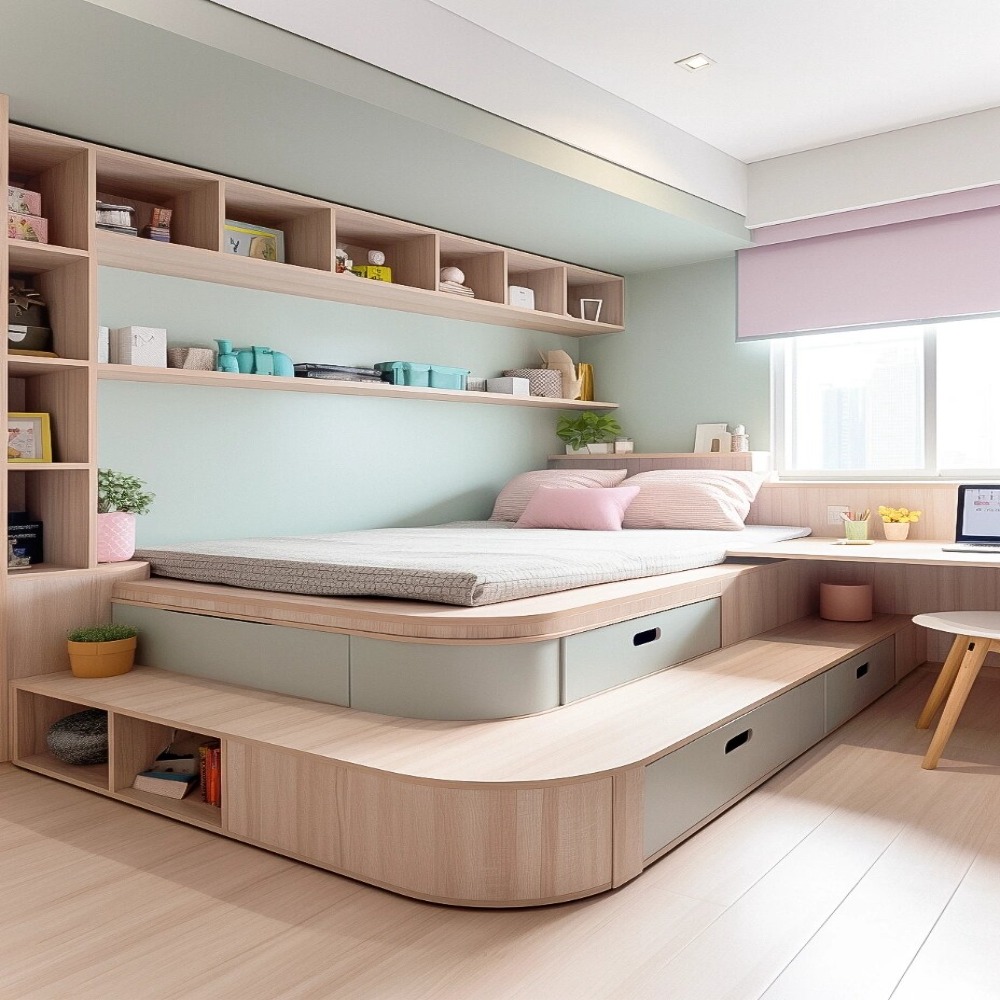 Custom Modern Solid Wood Space-Saving Bedroom Furniture Set Wardrobe Storage Cabinet Tatami Irregular Arc Bed Whole House Design