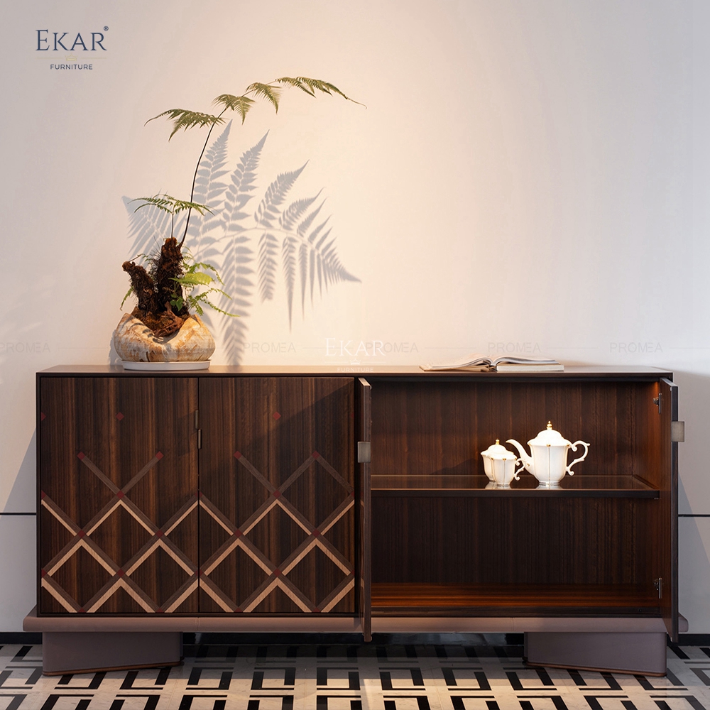 Italian Design Old Money Style Luxury Sideboard Cabinet Solid Wood Geometric Pattern Buffet Table for Modern Villa Decor