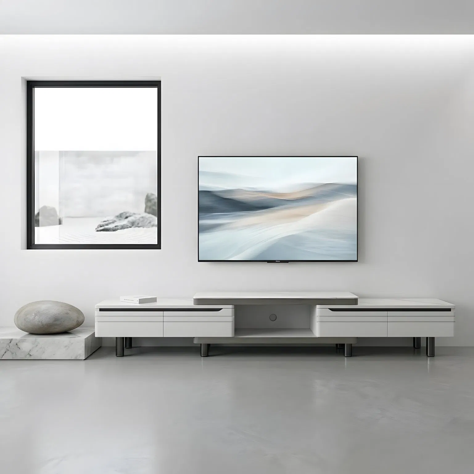 White Media TV Console for Living Room with Open Shelf Display Storage