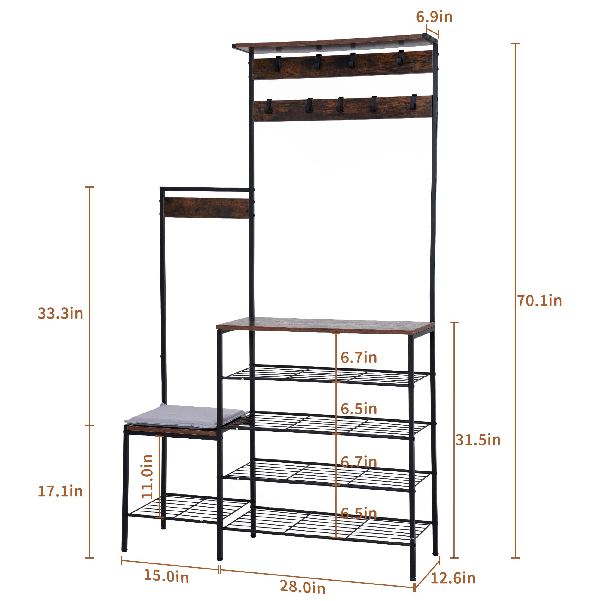 Modern Industrial Metal Convertible Coat Rack Shoe Storage Home Furniture for Living Room Mudroom Bedroom Entryway Bathroom