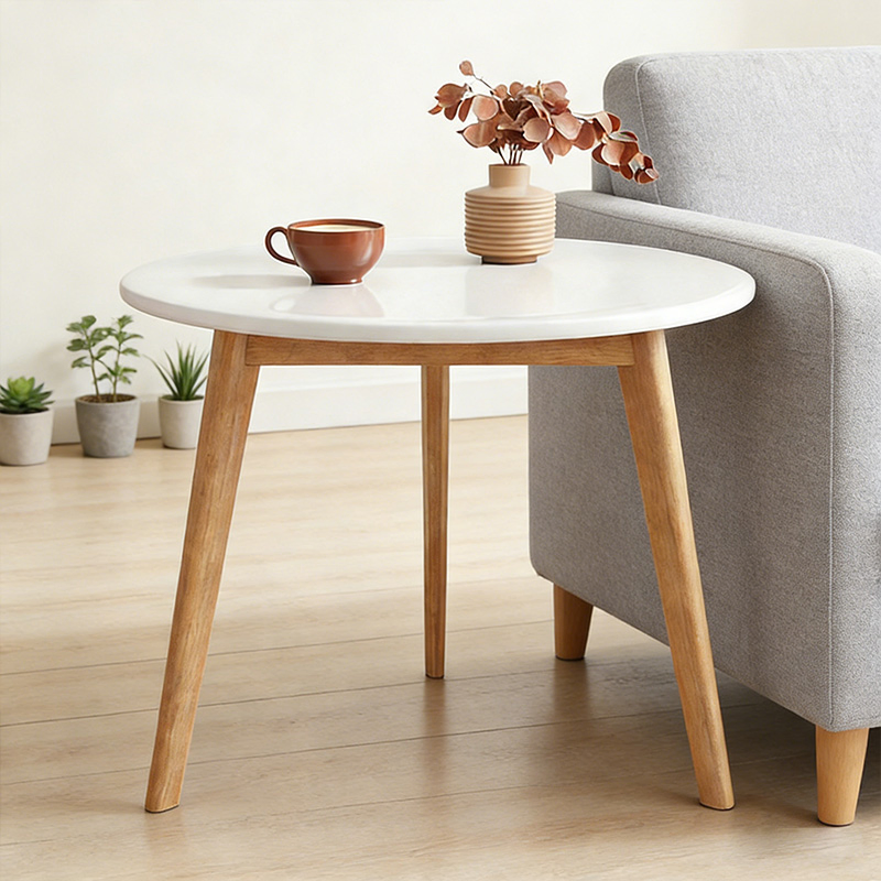 Compact Modern End Table Scandinavian Style White Wooden Side Table Mini Round Coffee Table for Living Room and Balcony