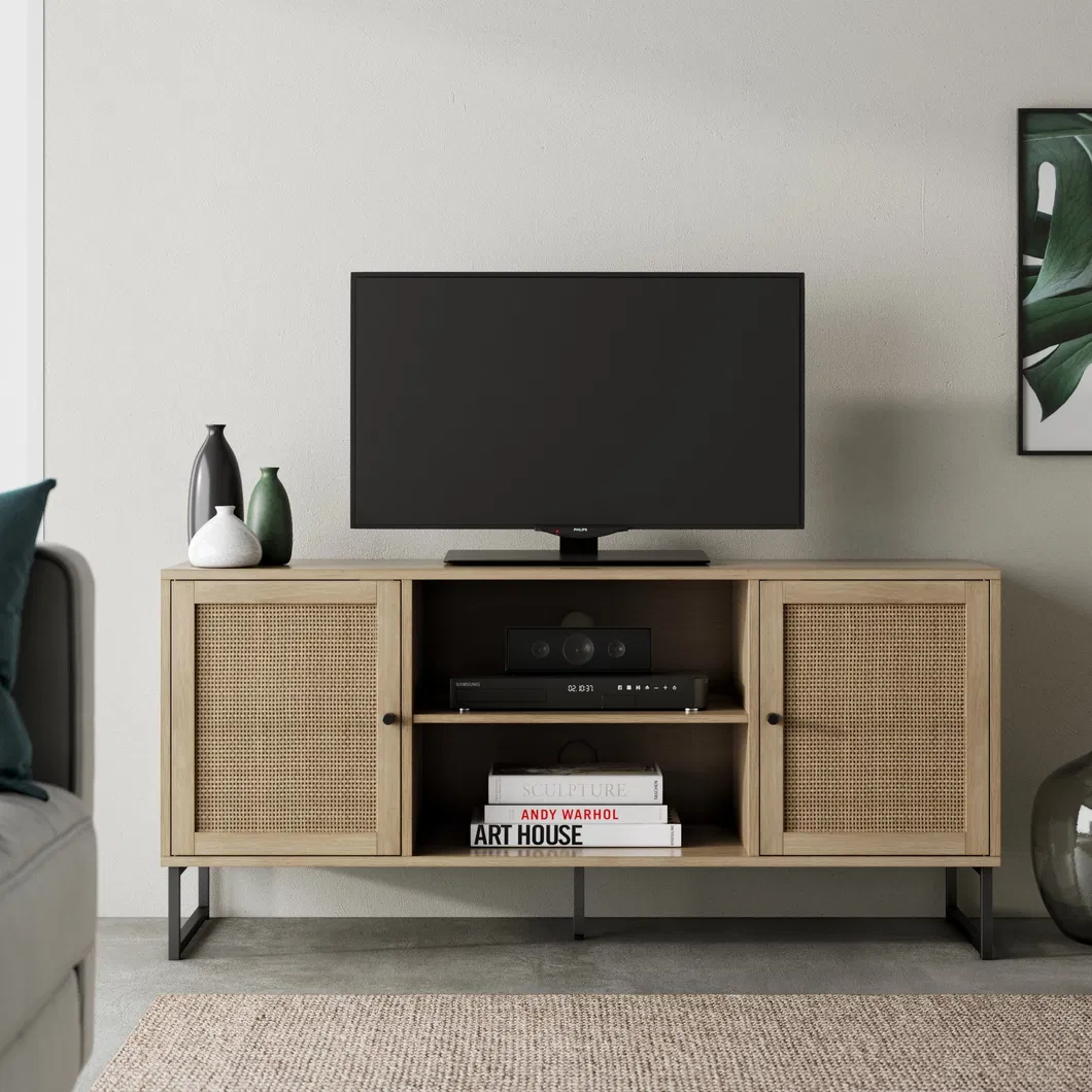 TV Stand Entertainment Cabinet, Console with a Natural Wood Finish and Matte Accents with Storage Doors for Living Media Room