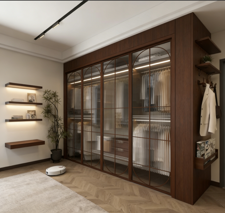 Walk in Closet Wooden Wardrobe Complete Set With Hanging Rods Shoe Racks Drawer Organizers and Tie Compartments for Large Spaces