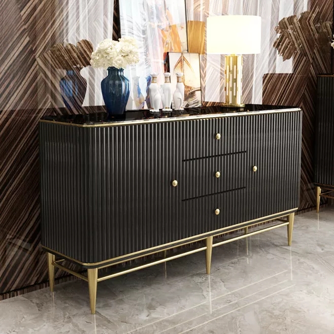 Italian Luxury Sideboard with Marble Top Stainless Steel Buffet Cabinet for Dining Room Home Furniture
