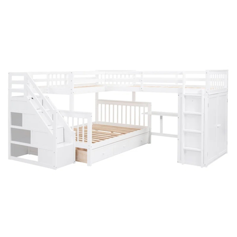 Factory Wholesale Kids Bedroom Furniture Sets Twin-Twin Over Full L-Shaped Bunk Bed With 3 Drawers, Portable Desk and Wardrobe