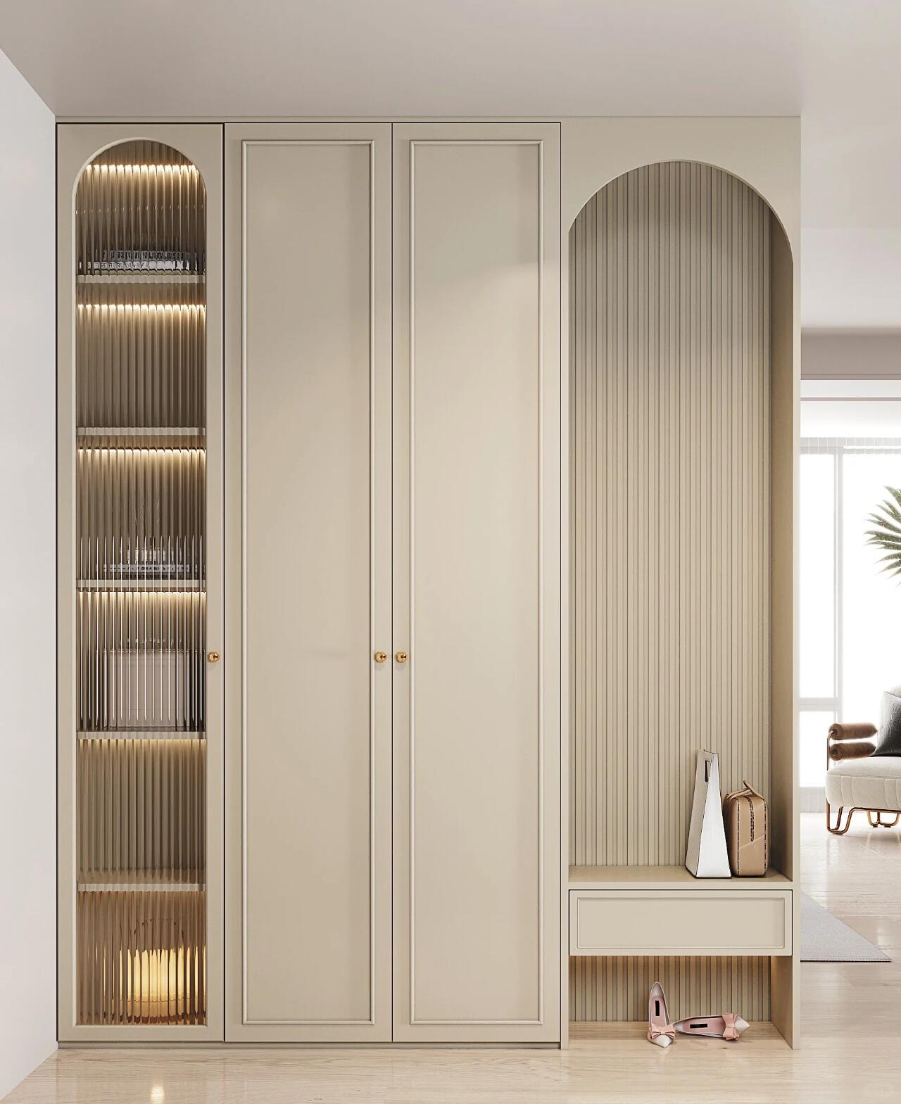Highly Recommend Cream Style Mudroom Design MDF Wood Wardrobe for Entrance Easy to Maintain Home Furniture with Lights