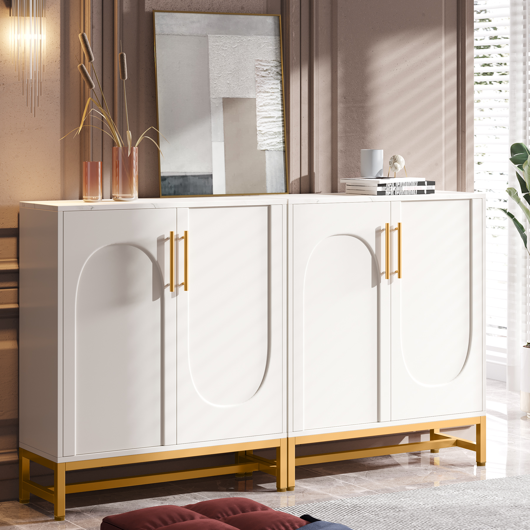 59 Inch Luxury Modern Wood+Metal Marble Top White Buffet Sideboard for Dining Room &amp; Kitchen