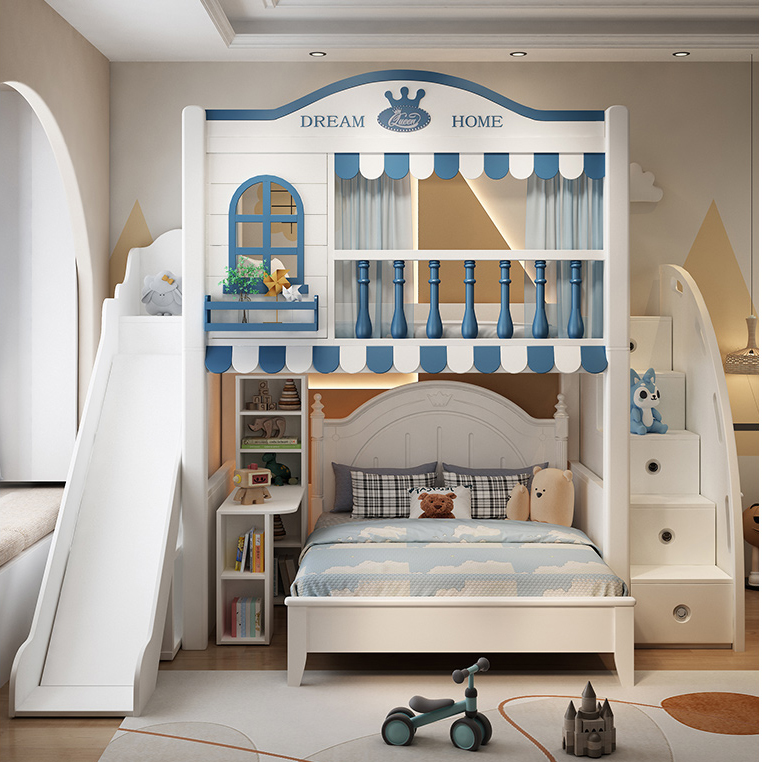 New Design Kids House Kids Bunk Bed Oval Kids Bedroom Furniture Hide Able Loft Bed With Slide and Storage Stairs