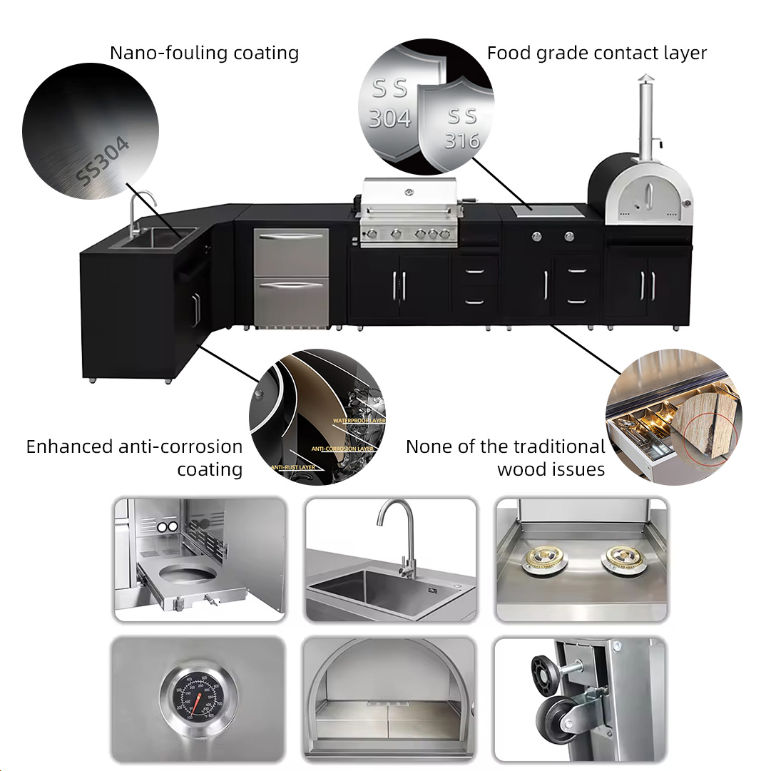 Custom Black Modular 304 Stainless Steel Outdoor Kitchen Antirust Durable SS304 Garden Outdoor Kitchen Set With BBQ Grill Sink