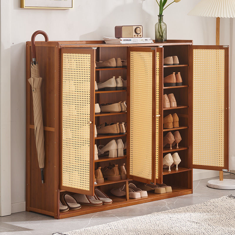Eco-Conscious Moso Bamboo Shoe Cabinet Ventilated Rattan Woven Doors High Capacity Footwear Storage for Mudroom and Entryway