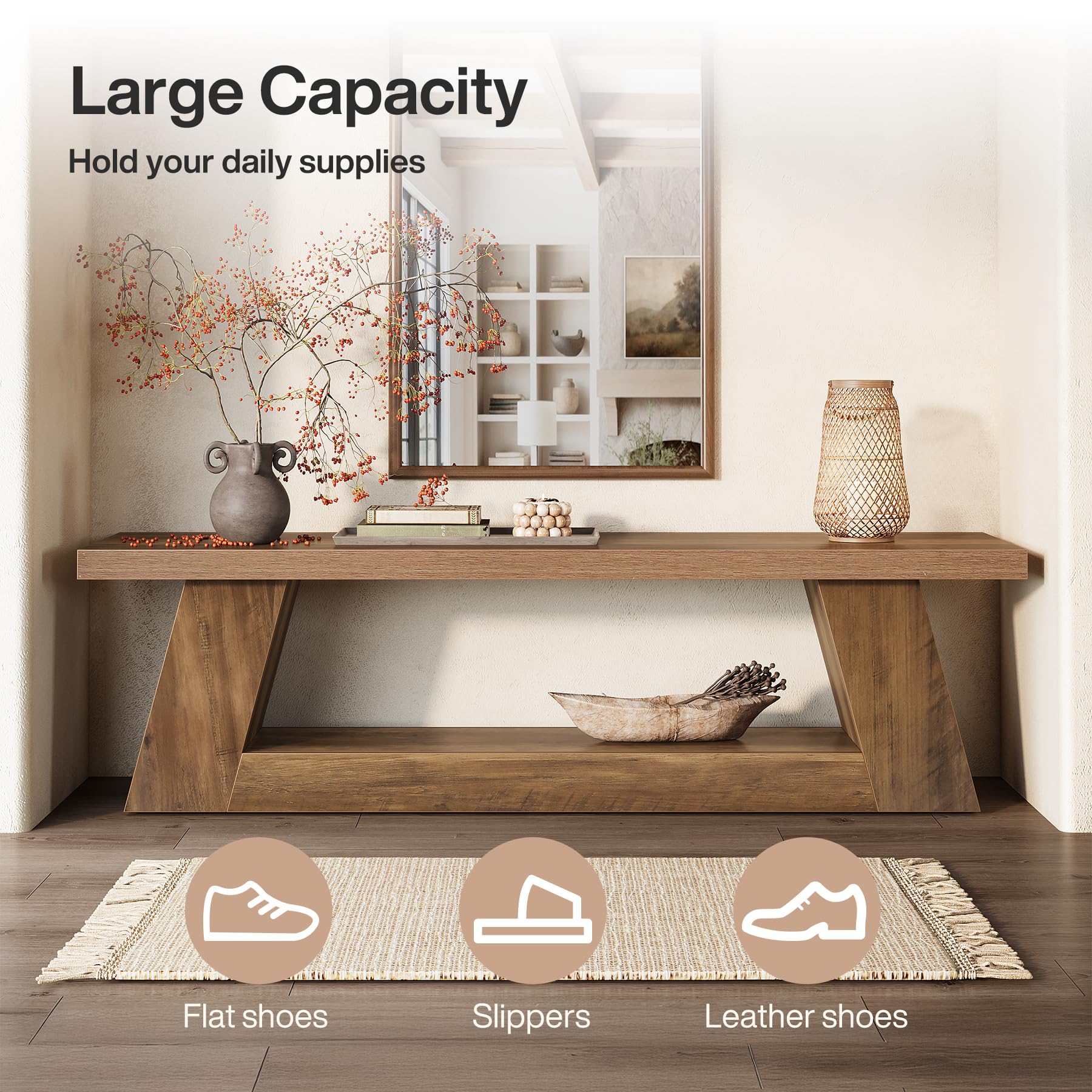 Space-Saving 63" Narrow Entryway Bench with 2-Tier Storage, Multi-Functional Hallway Seating for Small Apartment, Mudroom, Brown