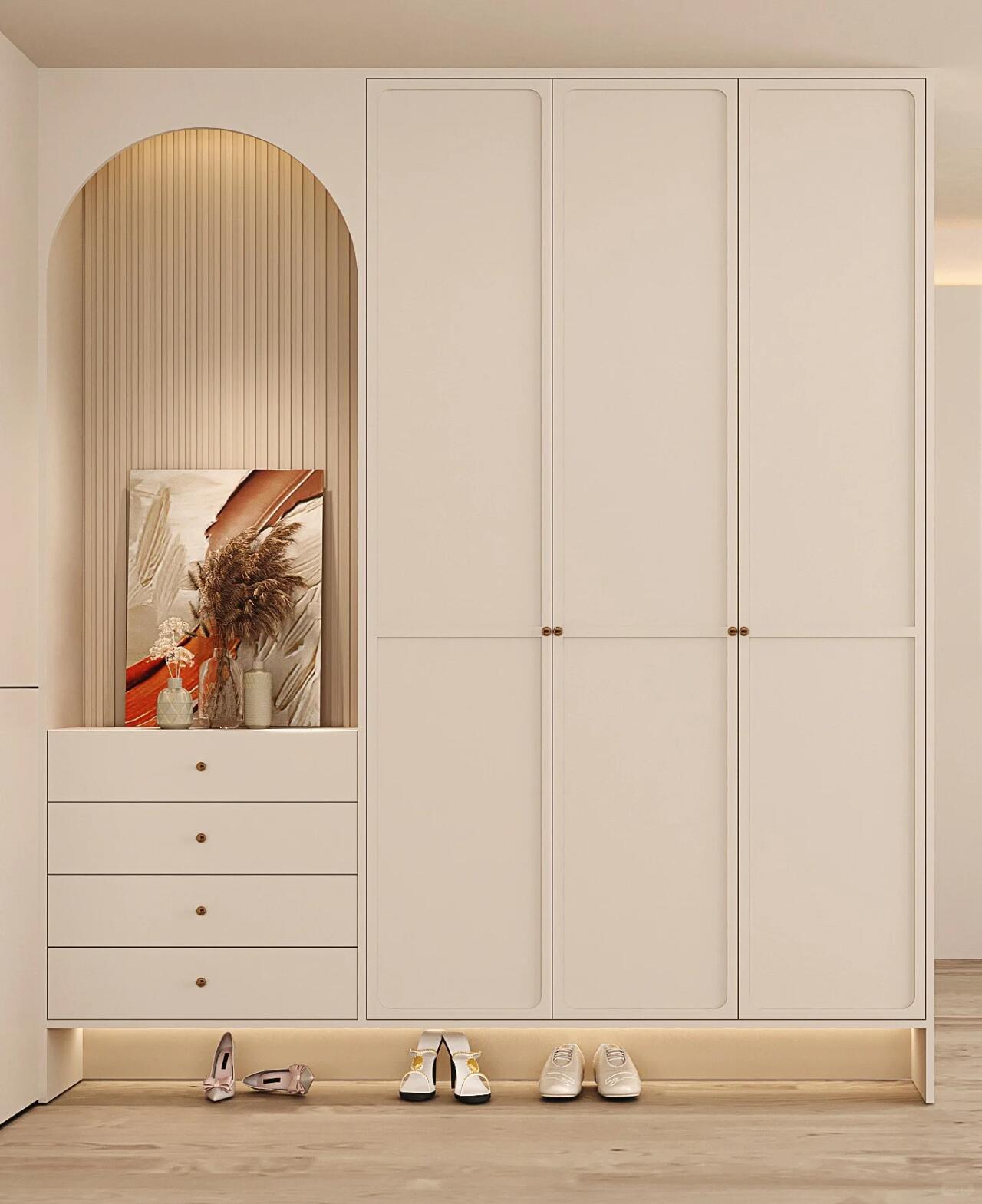 Highly Recommend Cream Style Mudroom Design MDF Wood Wardrobe for Entrance Easy to Maintain Home Furniture with Lights