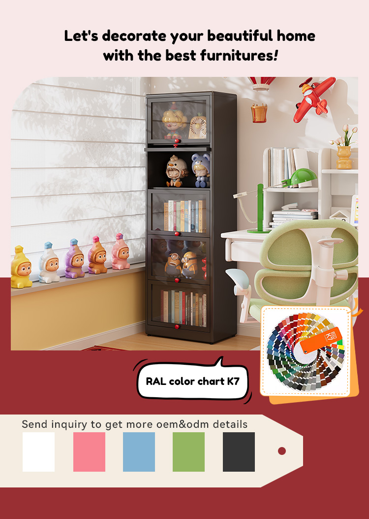 Home Storage Cabinet Steel Bookcase Living Room Multi-layer Iron Bookcase Black Bookshelf with Glass Doors and Drawers