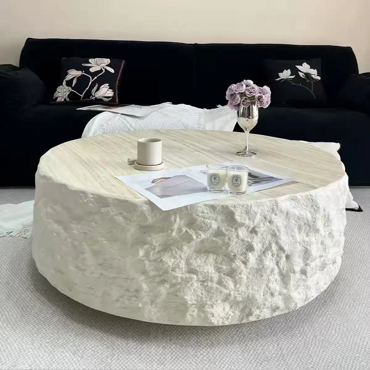 Indoor Waterproof Anti-Corrosion FRP Stone Look Irregular Coffee Table, Modern Sofa Side End Table for Home Homestay Project