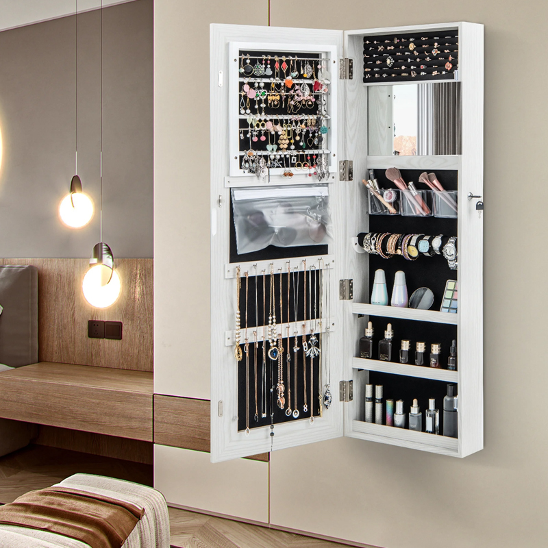Wall Full Length Mirror Jewelry Armoire Cabinet With Lights,Jewelry Organize Storage, Home Furniture MDF Wood Mirror Armoire