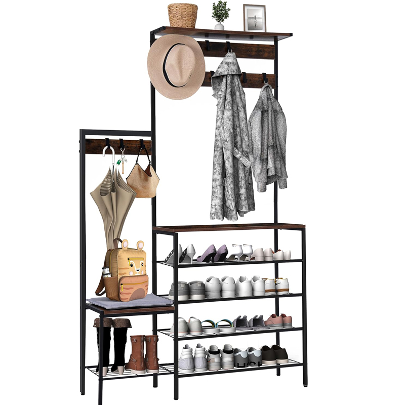 Modern Industrial Metal Convertible Coat Rack Shoe Storage Home Furniture for Living Room Mudroom Bedroom Entryway Bathroom
