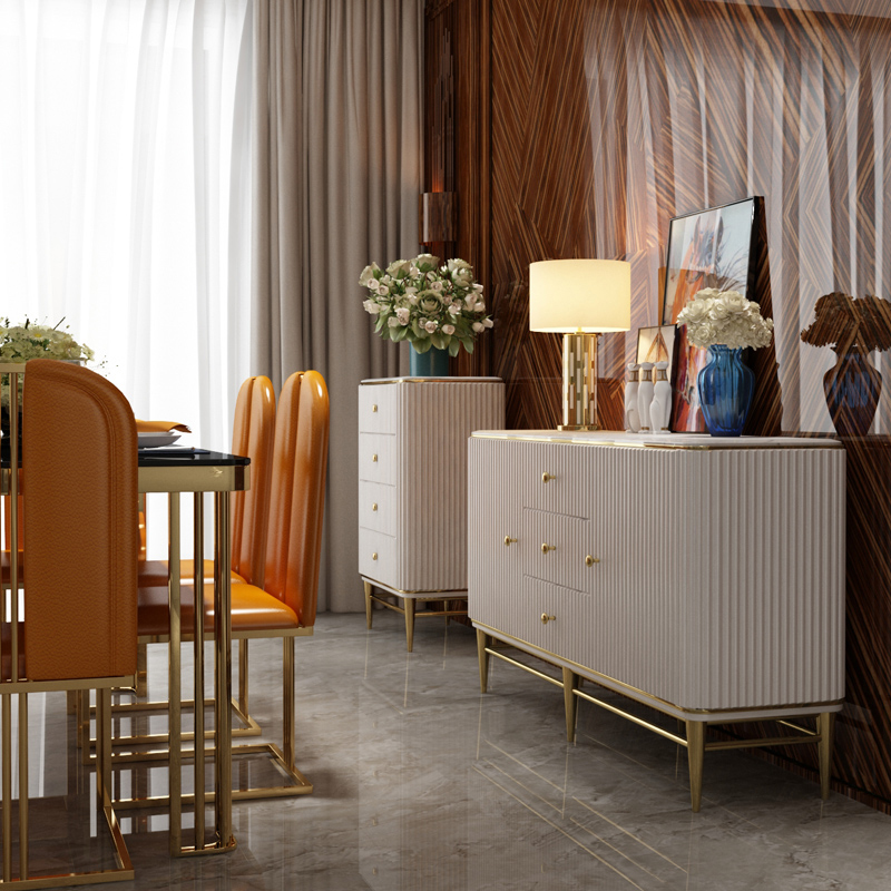 Italian Luxury Sideboard with Marble Top Stainless Steel Buffet Cabinet for Dining Room Home Furniture