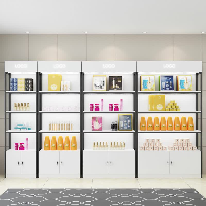 Supermarket Heavy-Duty Iron Wood Bookshelf Cosmetic Display Stand Cabinet With Light Box For Storage Rack Display