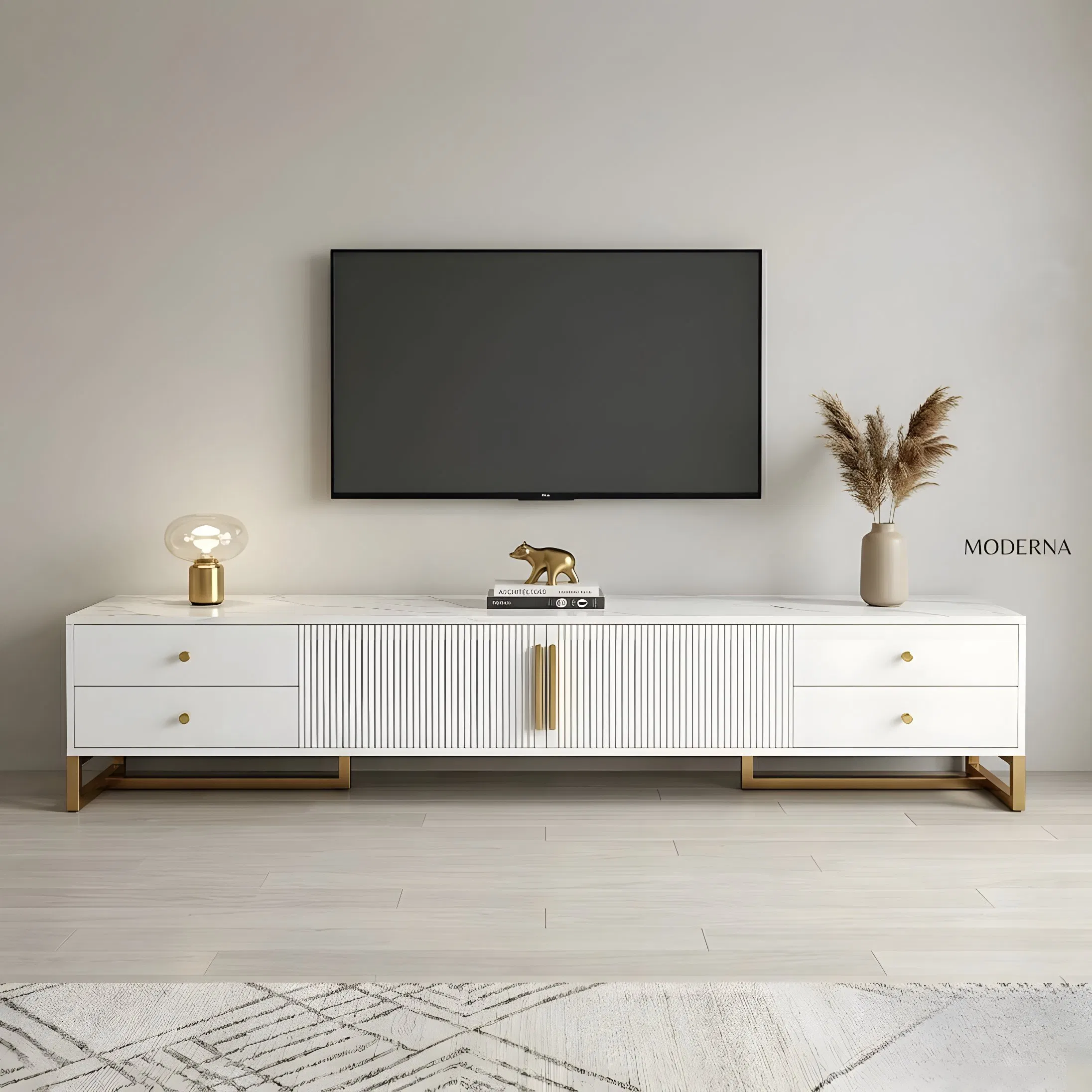Luxury Media TV Console for Living Room with Gold Handle Storage Cabinet
