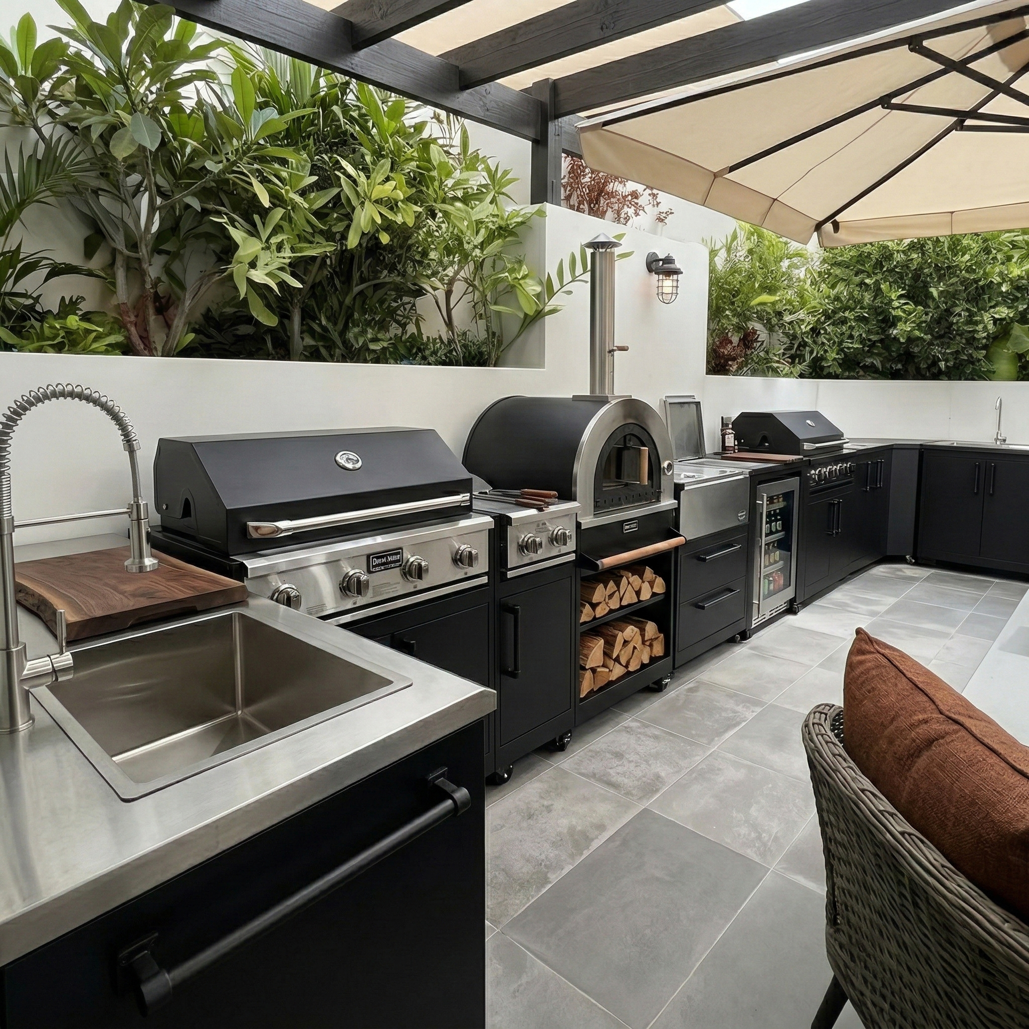 Custom Black Modular 304 Stainless Steel Outdoor Kitchen Antirust Durable SS304 Garden Outdoor Kitchen Set With BBQ Grill Sink