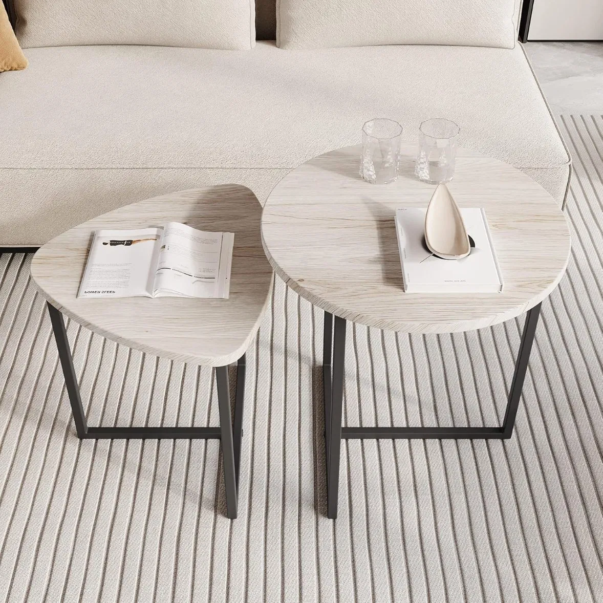 Industrial Wooden Table with Metal Frame Round Coffee Table Set of 2 End Tables