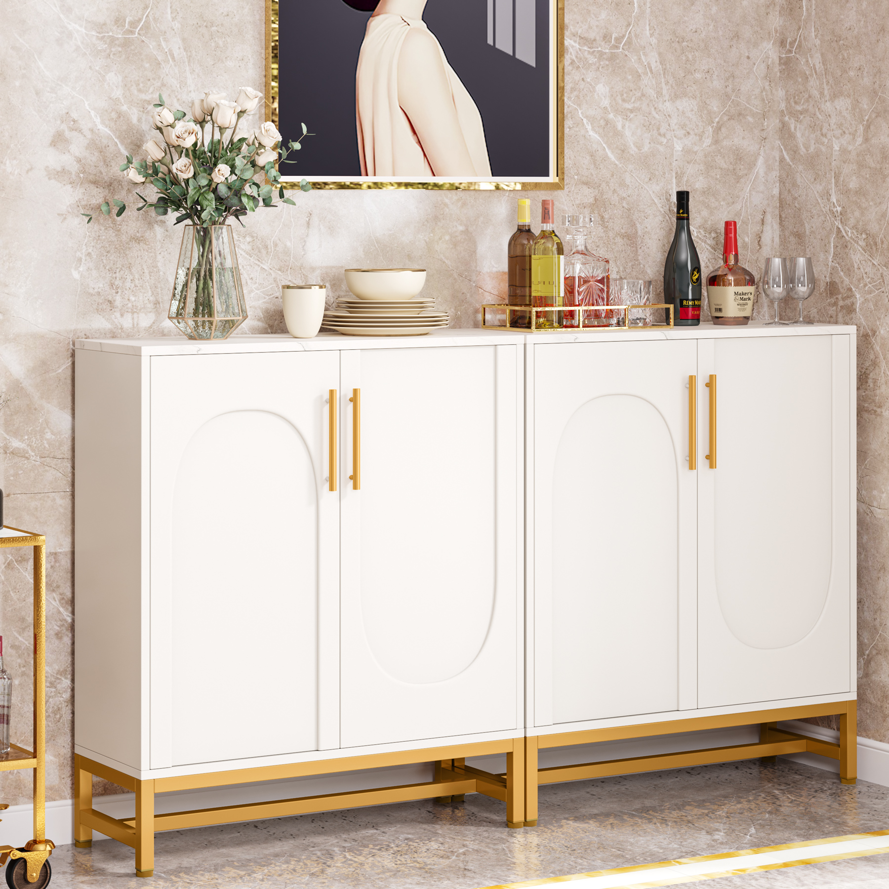 59 Inch Luxury Modern Wood+Metal Marble Top White Buffet Sideboard for Dining Room &amp; Kitchen