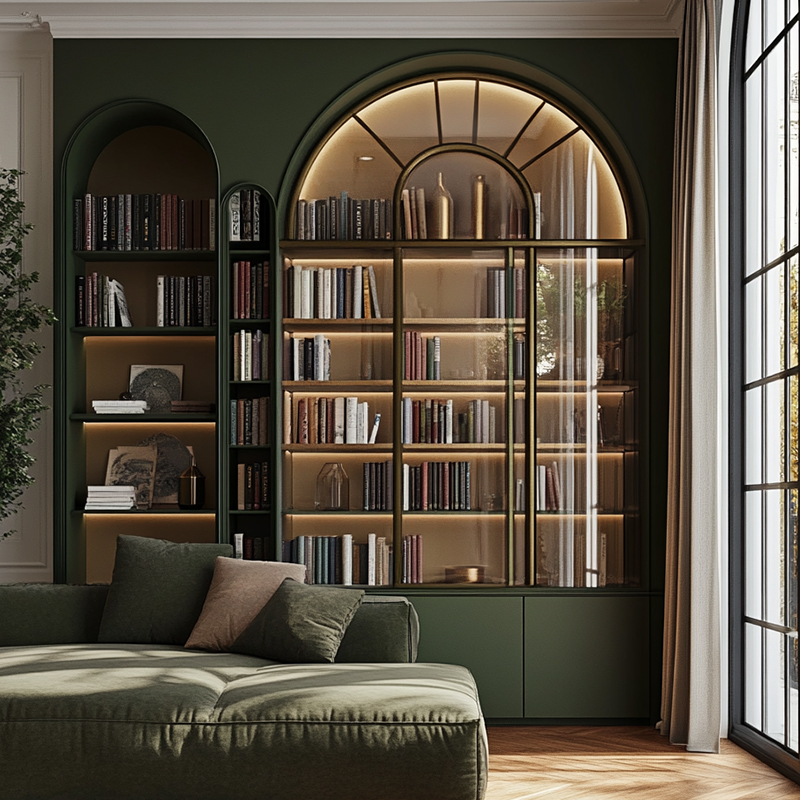 French-style Traditional Fully Customized Eco-Friendly Modular Wood Home Study Office Full-Wall Curved Cabinet Doors Bookshelves