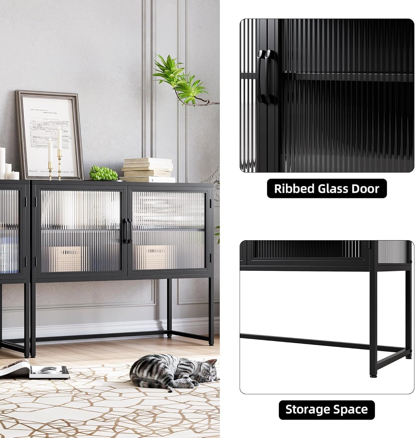 UCHANCE Modern Black Buffet Sideboard Cabinet 2 Ribbed Glass Doors with Adjustable Shelves &amp; Metal Legs for Dining Room, Kitchen