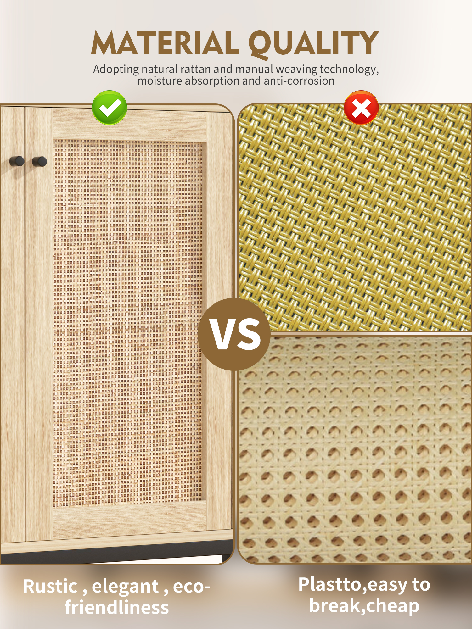Wooden Rattan Kitchen Sideboard Buffet with Metal Legs Modern Large Storage Cabinet As Perfect Decoration for Home