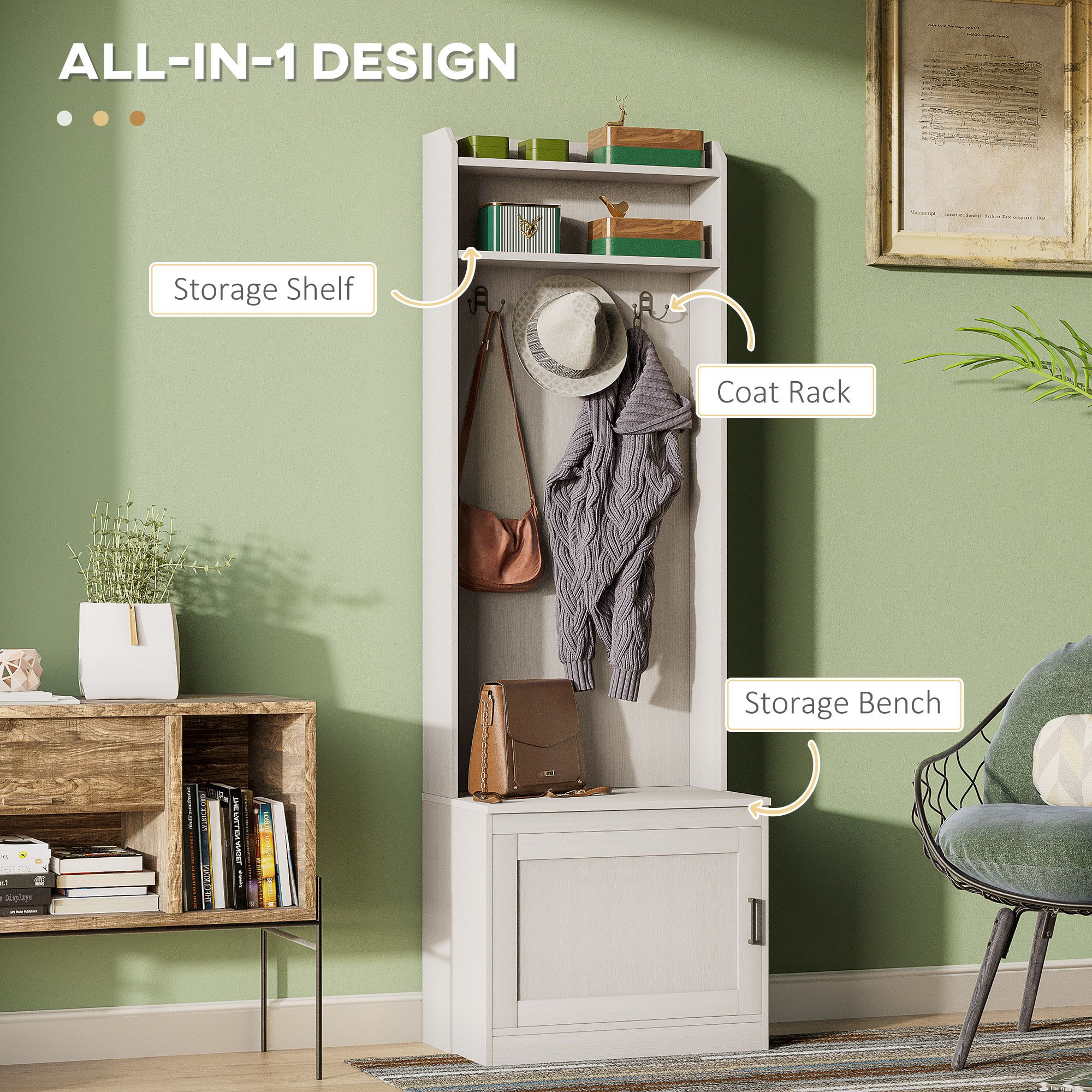 White Rustic Hall Tree Bench Entryway Coat Rack with Shoe Storage Accent Furniture for Hallway Mudroom
