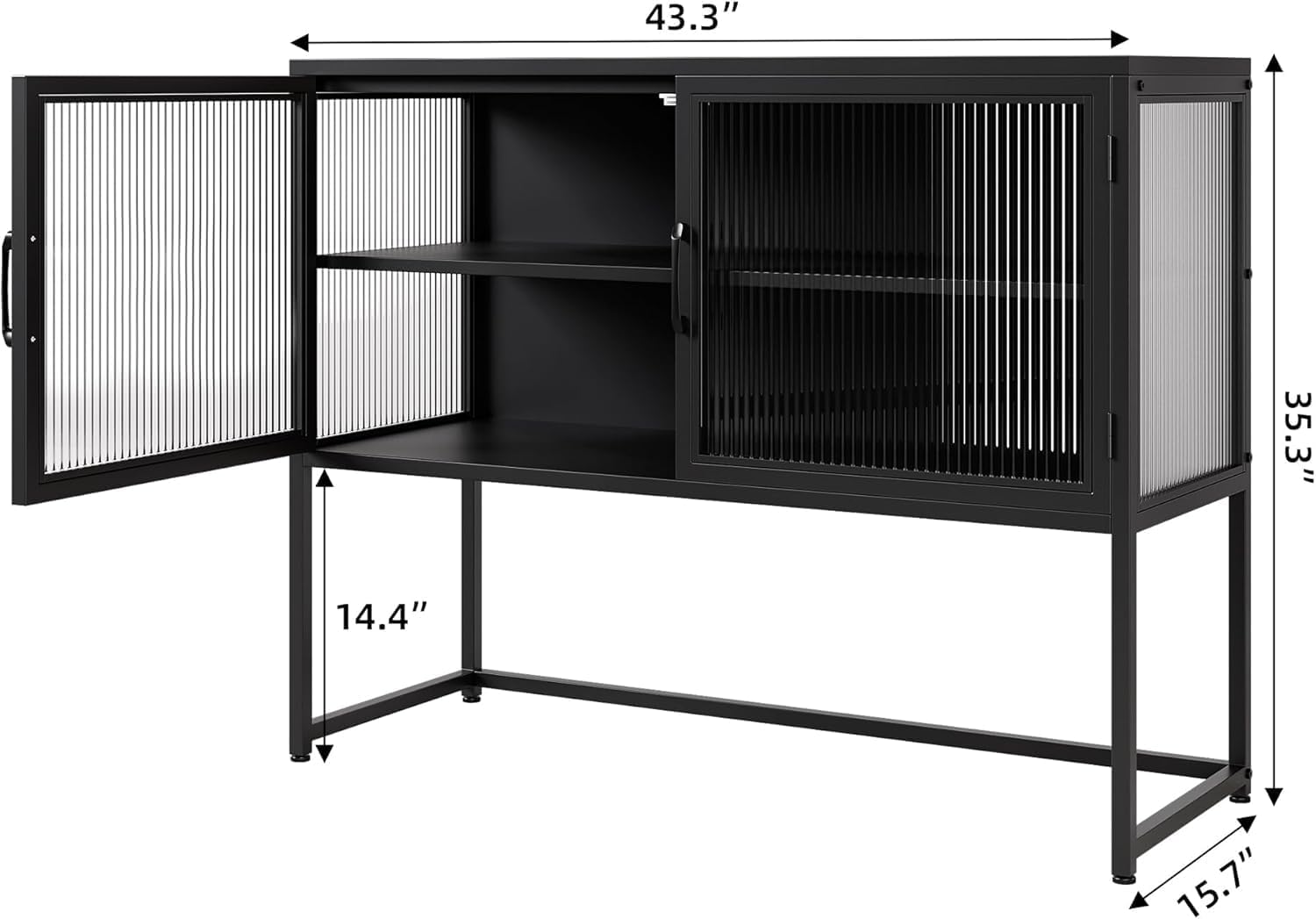 UCHANCE Modern Black Buffet Sideboard Cabinet 2 Ribbed Glass Doors with Adjustable Shelves &amp; Metal Legs for Dining Room, Kitchen