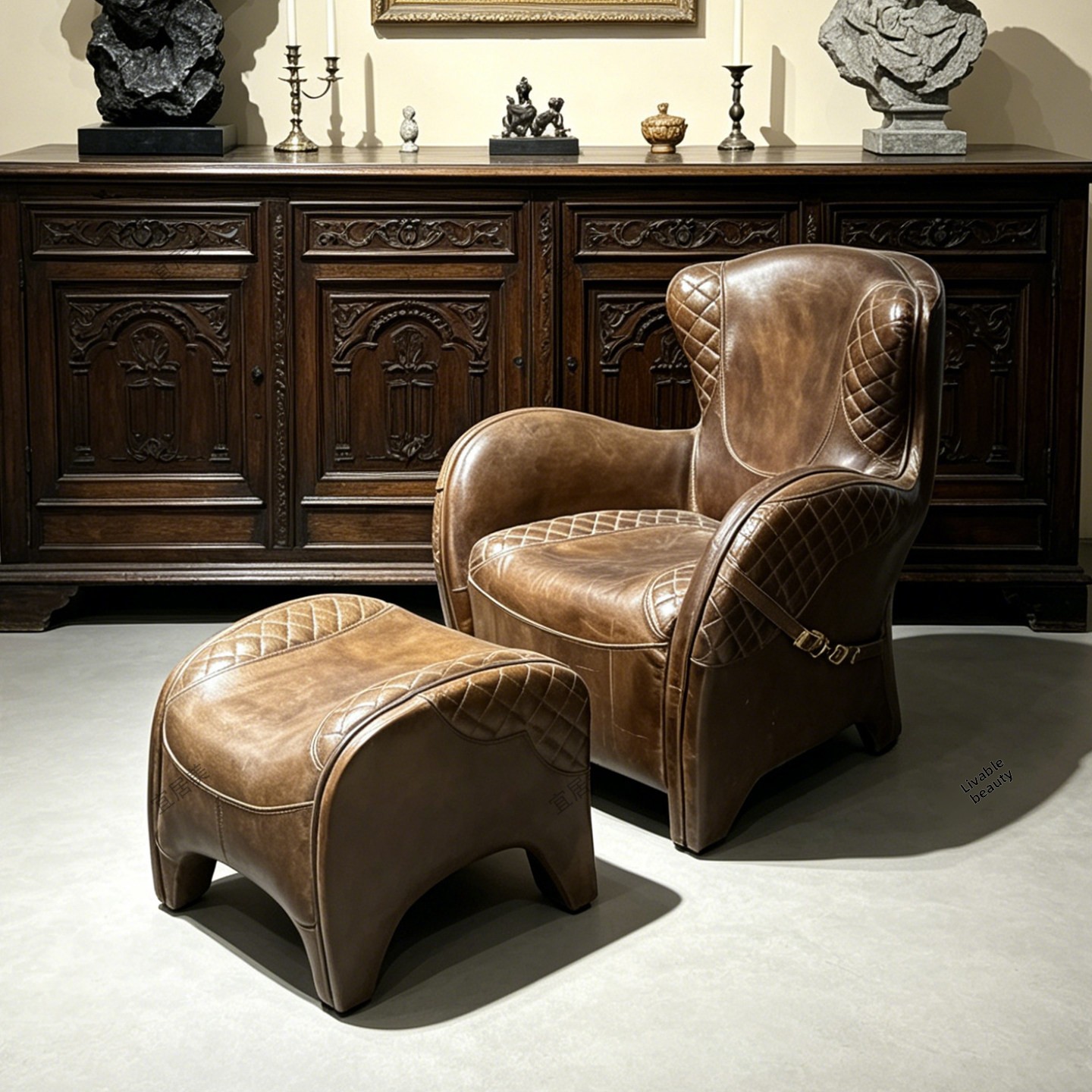 Vintage Sofa Chair American Oil Wax Leather Saddle Chair Single Recliner Armchair High-end Villa LivingRoomCigarRoomPrivate Club