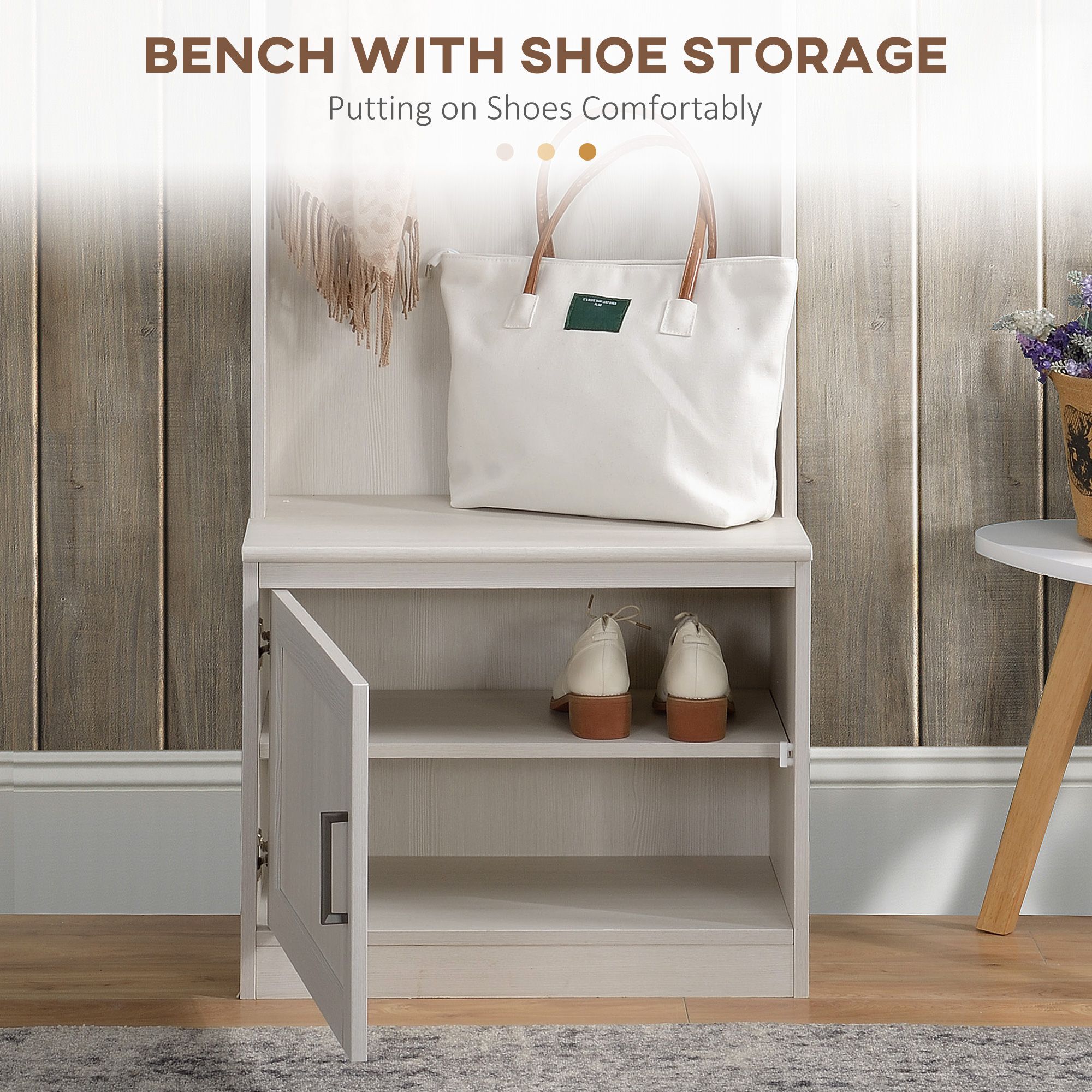 White Rustic Hall Tree Bench Entryway Coat Rack with Shoe Storage Accent Furniture for Hallway Mudroom