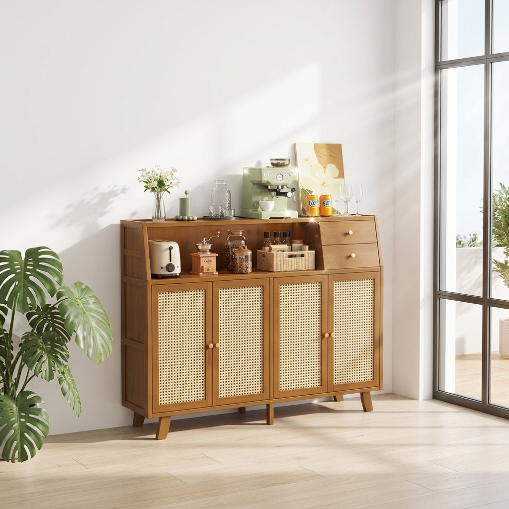 Wood Modern Minimalist Multifunction Sideboard Buffet Cabinet with Drawers Kitchen Storage 5 Ft+