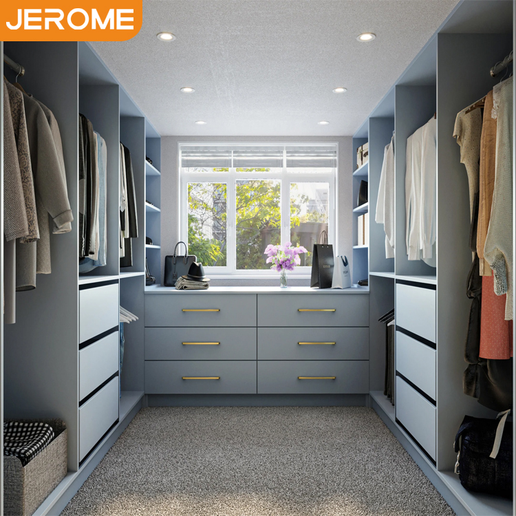 Factory Bespoke Minimalist Design Bedroom Furniture Fancy Blue Wooden Walk in Closet System with Accessories
