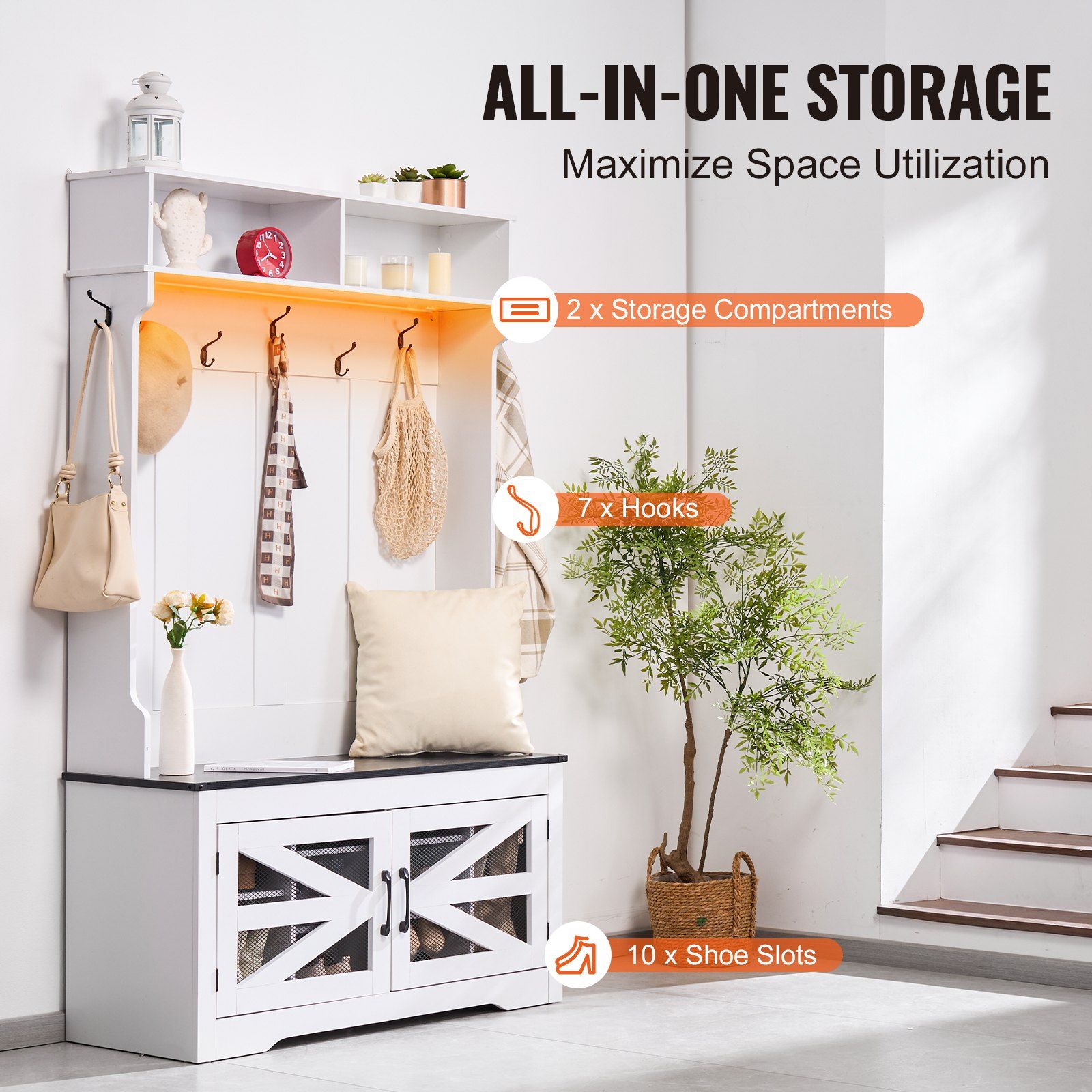 LED Coat Rack Hall Tree Entryway Bench with Shoe Storage 42\" Wide Mudroom Storage Seating Adjustable Shelves Over Door Racks