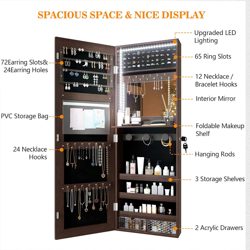 Wall Full Length Mirror Jewelry Armoire Cabinet With Lights,Jewelry Organize Storage, Home Furniture MDF Wood Mirror Armoire