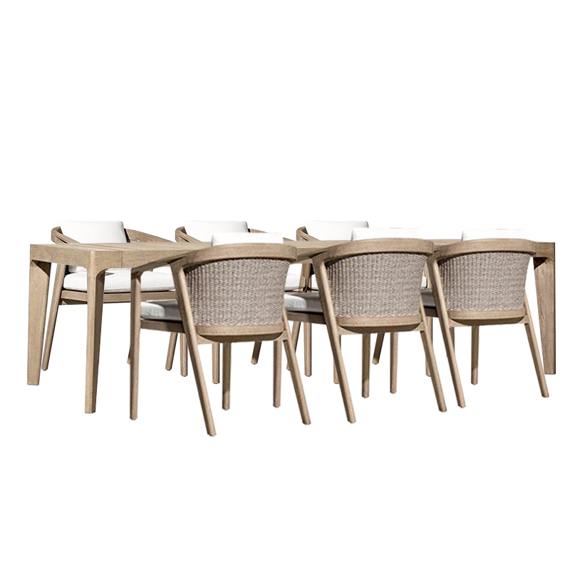 Outdoor Furniture Courtyard Garden High Quality Teak Wood Dining Table Rattan Dining Chair Set